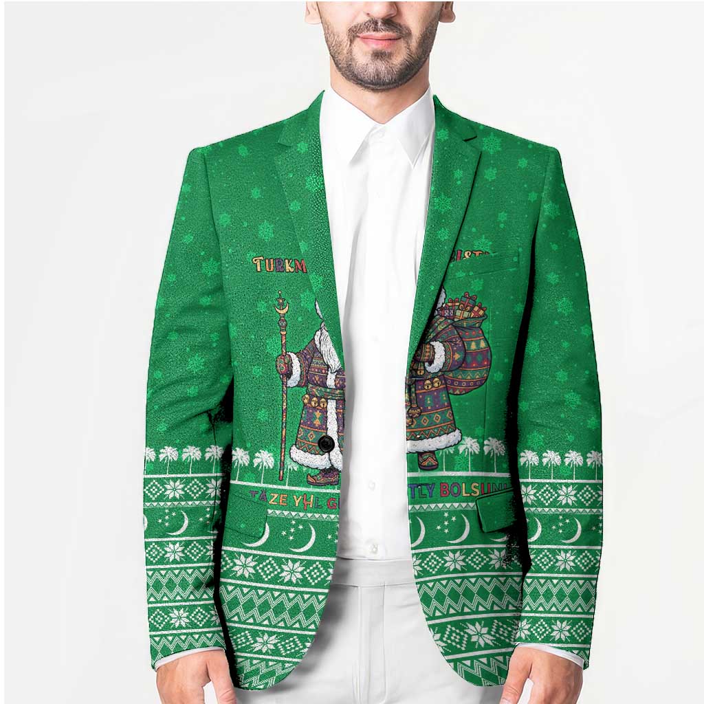 Turkmenistan Christmas Blazer with Traditional Santa Snowflake Crescent Moon and National Emblem - Wonder Print Shop