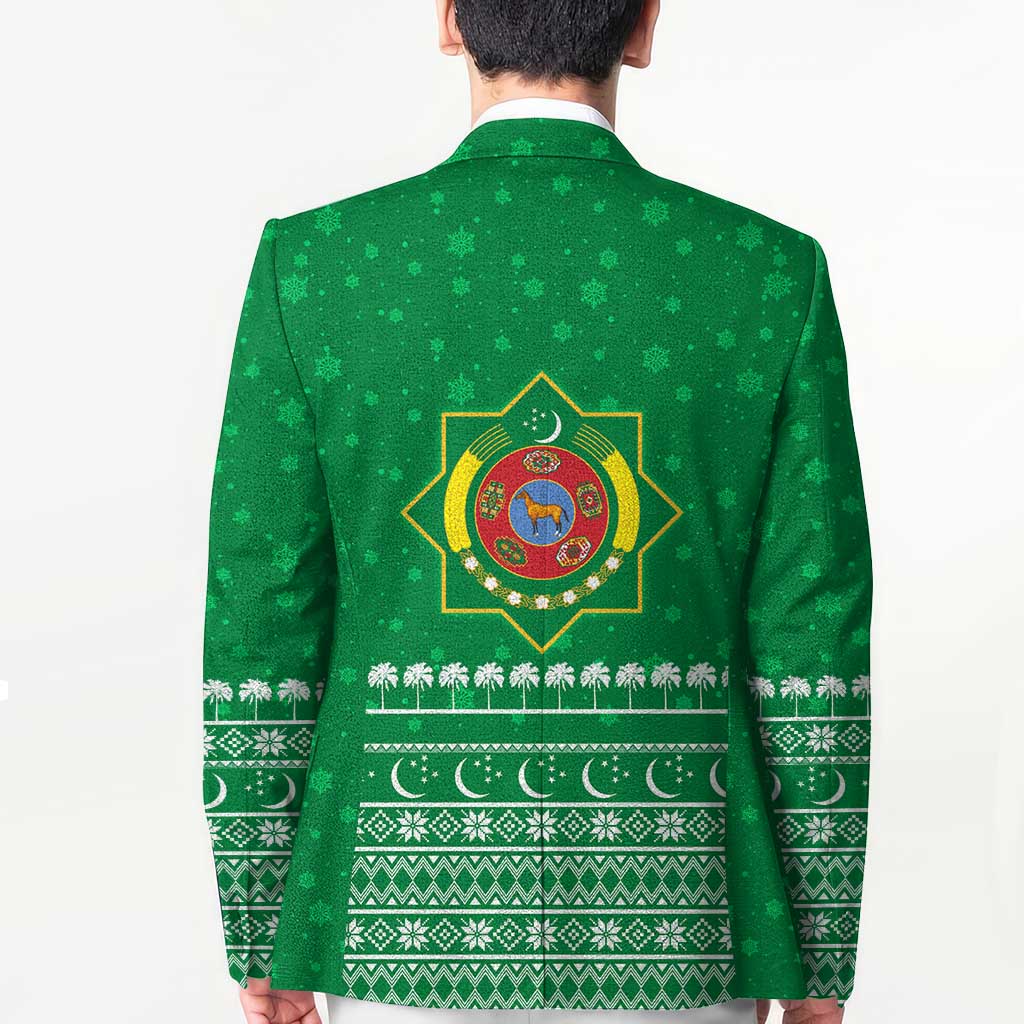Turkmenistan Christmas Blazer with Traditional Santa Snowflake Crescent Moon and National Emblem - Wonder Print Shop