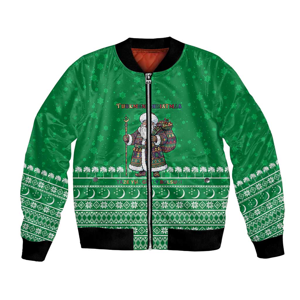 Turkmenistan Christmas Bomber Jacket with Traditional Santa Snowflake Crescent Moon and National Emblem - Wonder Print Shop