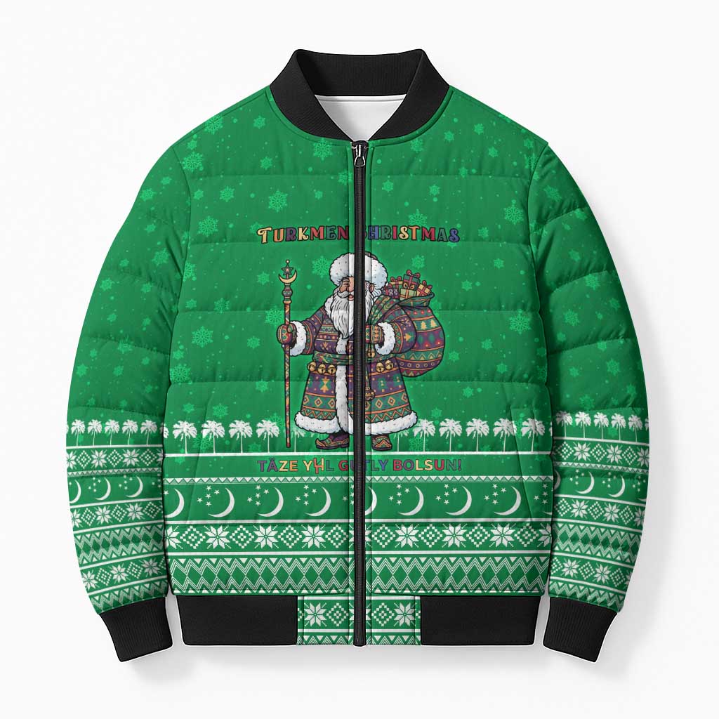 Turkmenistan Christmas Bomber Puffer Jacket with Traditional Santa Snowflake Crescent Moon and National Emblem - Wonder Print Shop