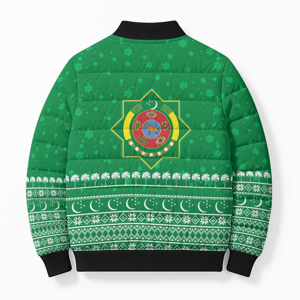 Turkmenistan Christmas Bomber Puffer Jacket with Traditional Santa Snowflake Crescent Moon and National Emblem - Wonder Print Shop