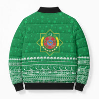 Turkmenistan Christmas Bomber Puffer Jacket with Traditional Santa Snowflake Crescent Moon and National Emblem - Wonder Print Shop