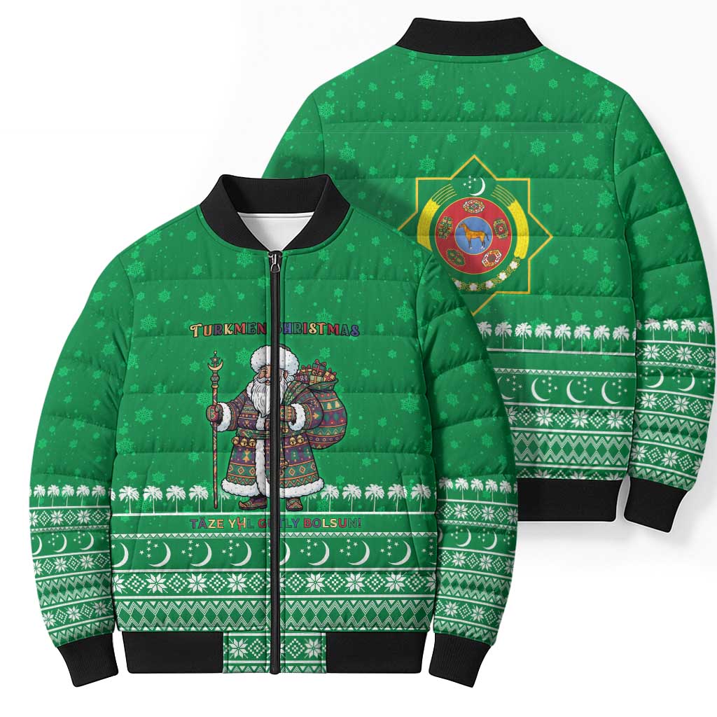 Turkmenistan Christmas Bomber Puffer Jacket with Traditional Santa Snowflake Crescent Moon and National Emblem - Wonder Print Shop
