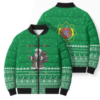 Turkmenistan Christmas Bomber Puffer Jacket with Traditional Santa Snowflake Crescent Moon and National Emblem - Wonder Print Shop