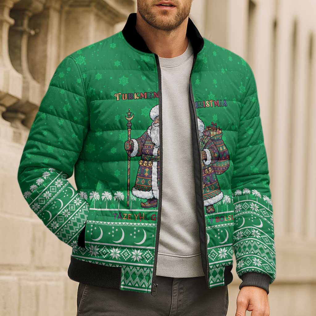 Turkmenistan Christmas Bomber Puffer Jacket with Traditional Santa Snowflake Crescent Moon and National Emblem - Wonder Print Shop