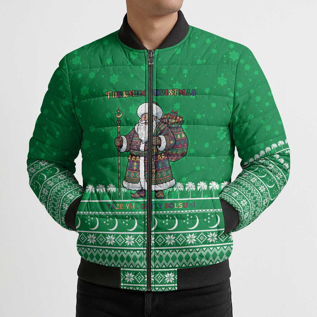 Turkmenistan Christmas Bomber Puffer Jacket with Traditional Santa Snowflake Crescent Moon and National Emblem - Wonder Print Shop