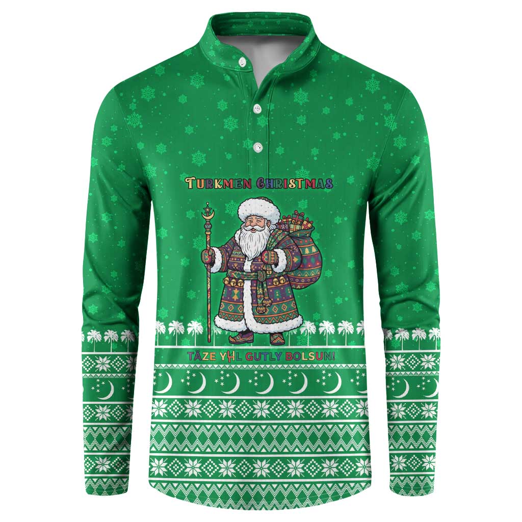 Turkmenistan Christmas Button Sweatshirt with Traditional Santa Snowflake Crescent Moon and National Emblem - Wonder Print Shop