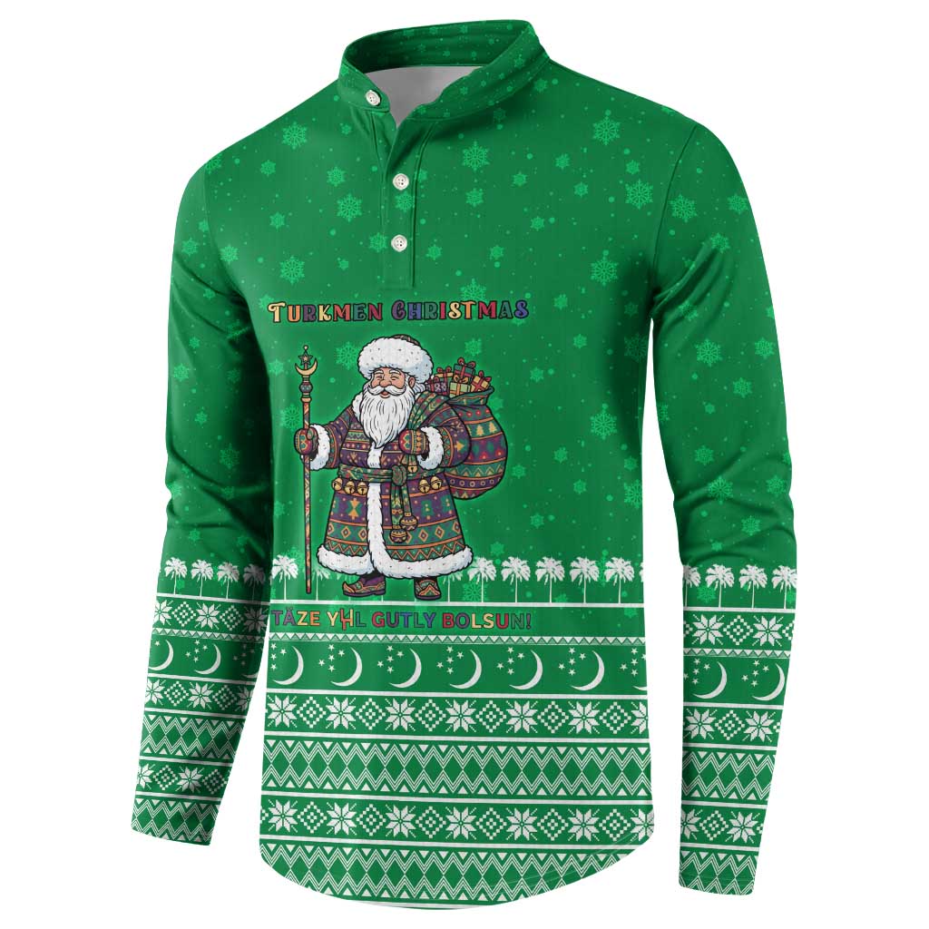 Turkmenistan Christmas Button Sweatshirt with Traditional Santa Snowflake Crescent Moon and National Emblem - Wonder Print Shop
