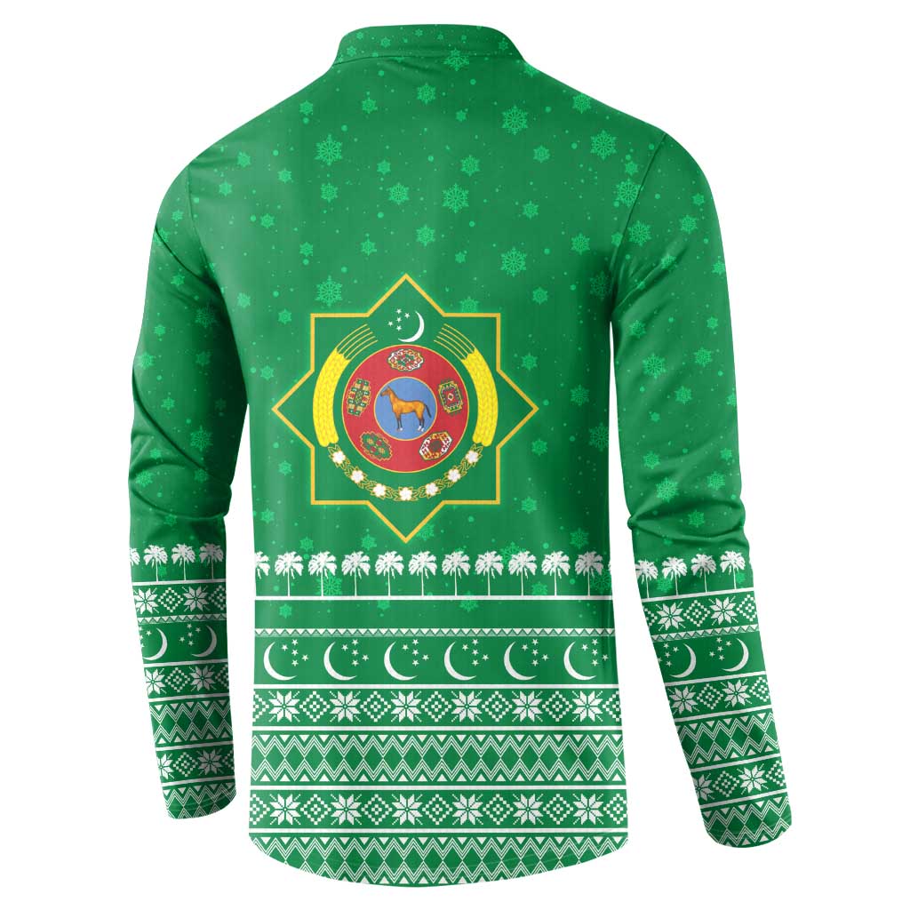Turkmenistan Christmas Button Sweatshirt with Traditional Santa Snowflake Crescent Moon and National Emblem - Wonder Print Shop