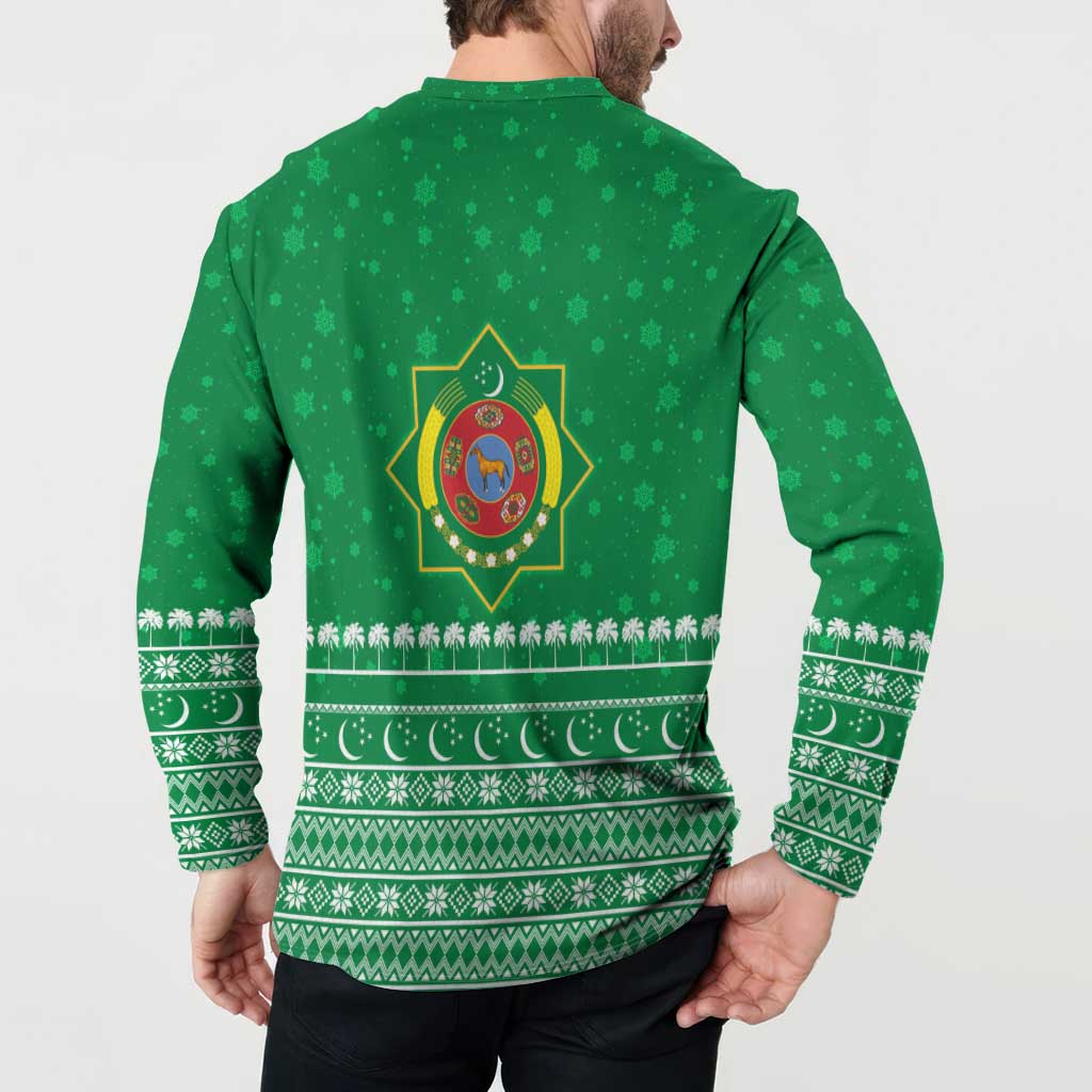 Turkmenistan Christmas Button Sweatshirt with Traditional Santa Snowflake Crescent Moon and National Emblem - Wonder Print Shop