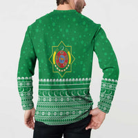 Turkmenistan Christmas Button Sweatshirt with Traditional Santa Snowflake Crescent Moon and National Emblem - Wonder Print Shop
