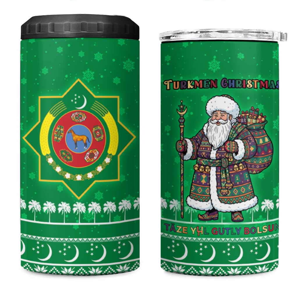 Turkmenistan Christmas 4 in 1 Can Cooler Tumbler with Traditional Santa Snowflake Crescent Moon and National Emblem - Wonder Print Shop