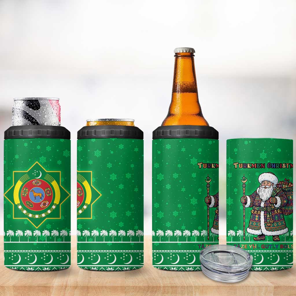 Turkmenistan Christmas 4 in 1 Can Cooler Tumbler with Traditional Santa Snowflake Crescent Moon and National Emblem - Wonder Print Shop
