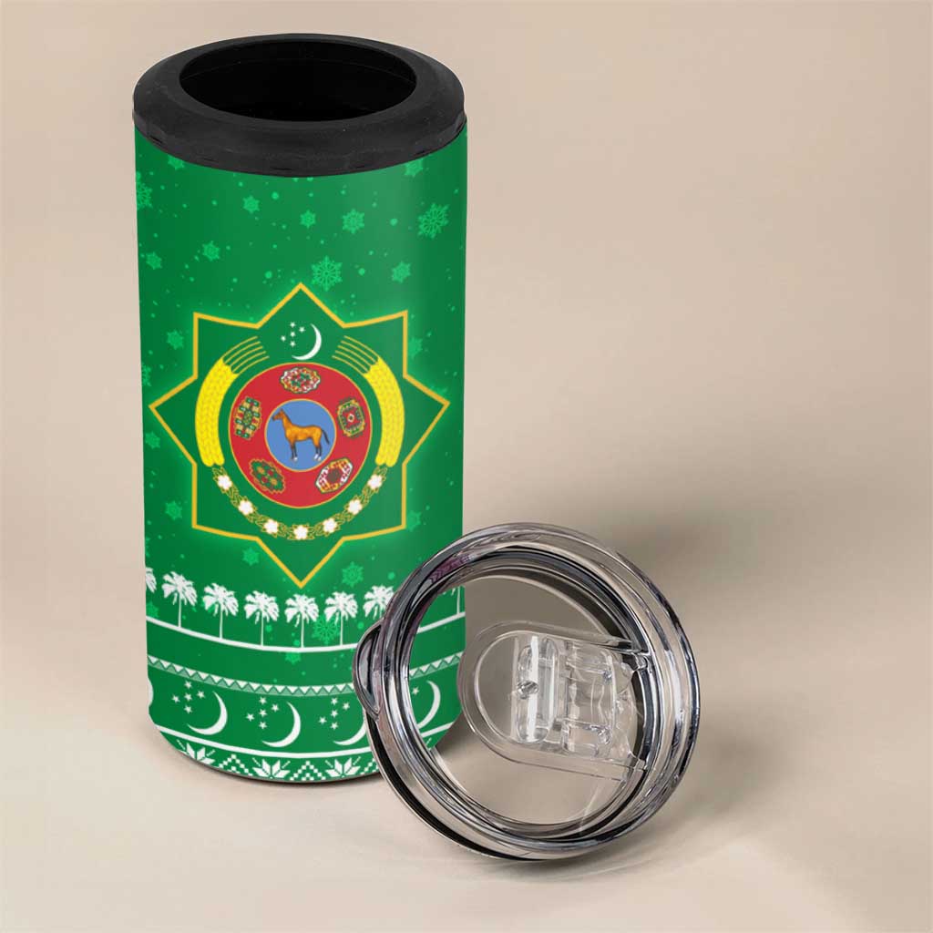 Turkmenistan Christmas 4 in 1 Can Cooler Tumbler with Traditional Santa Snowflake Crescent Moon and National Emblem - Wonder Print Shop