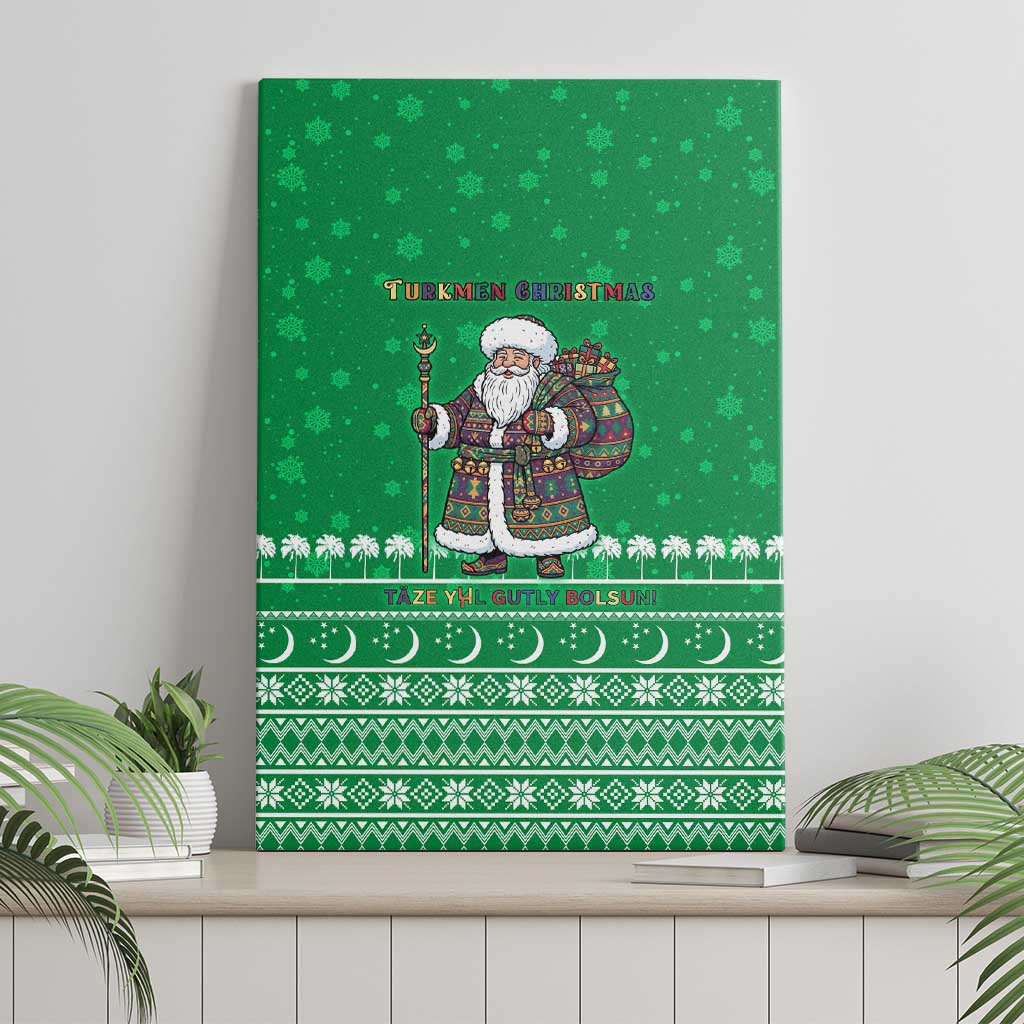 Turkmenistan Christmas Canvas Wall Art with Traditional Santa Snowflake Crescent Moon and National Emblem - Wonder Print Shop