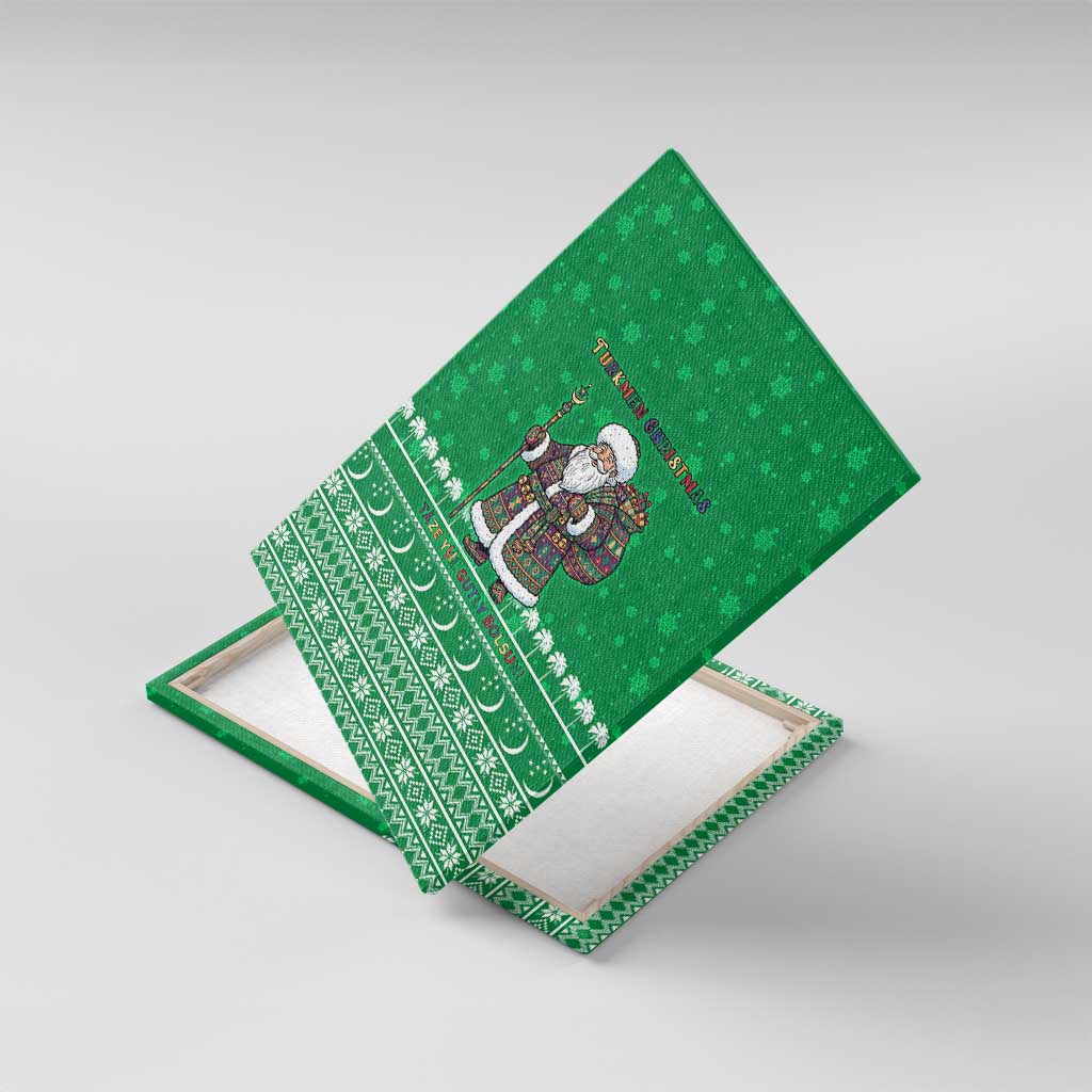 Turkmenistan Christmas Canvas Wall Art with Traditional Santa Snowflake Crescent Moon and National Emblem - Wonder Print Shop