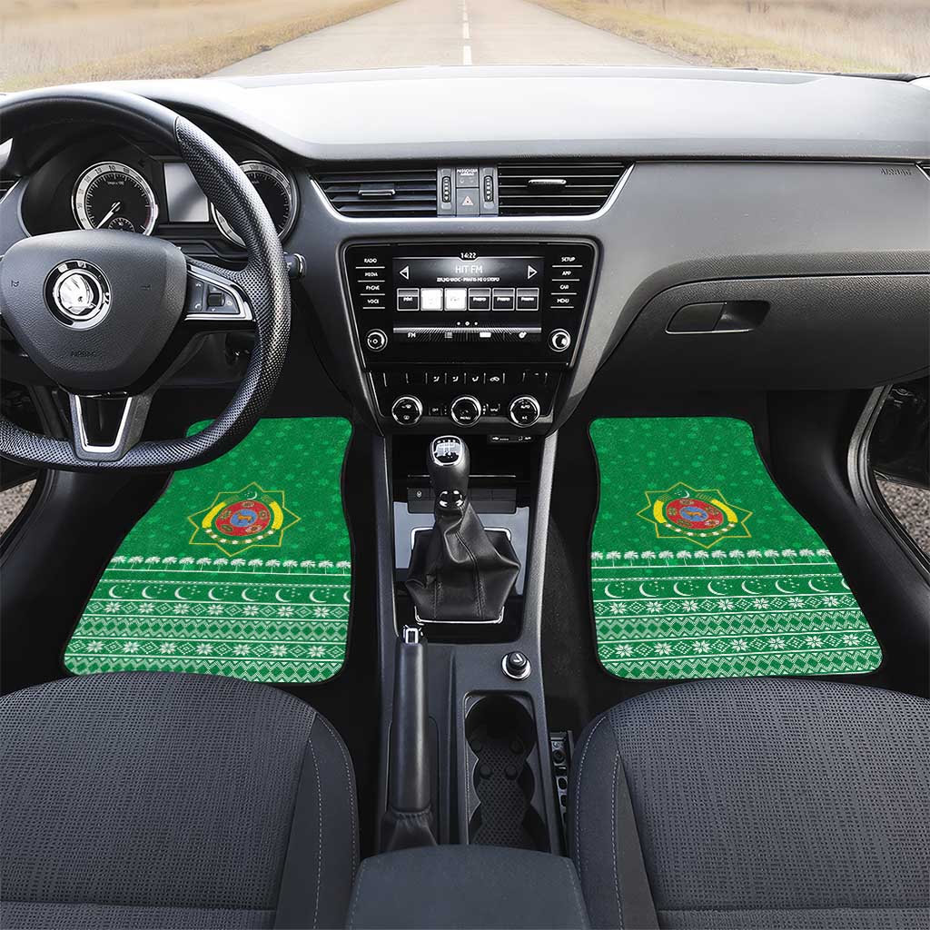 Turkmenistan Christmas Car Mats with Traditional Santa Snowflake Crescent Moon and National Emblem - Wonder Print Shop