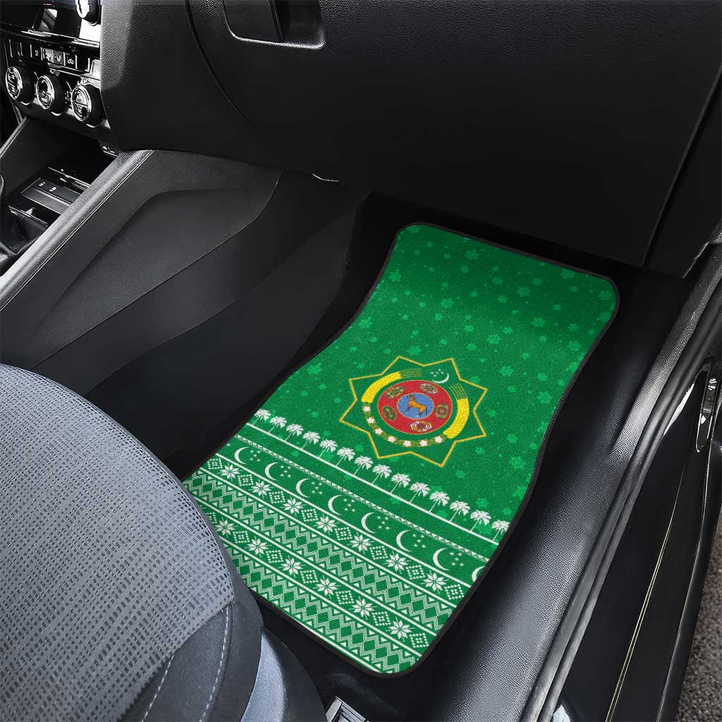 Turkmenistan Christmas Car Mats with Traditional Santa Snowflake Crescent Moon and National Emblem - Wonder Print Shop
