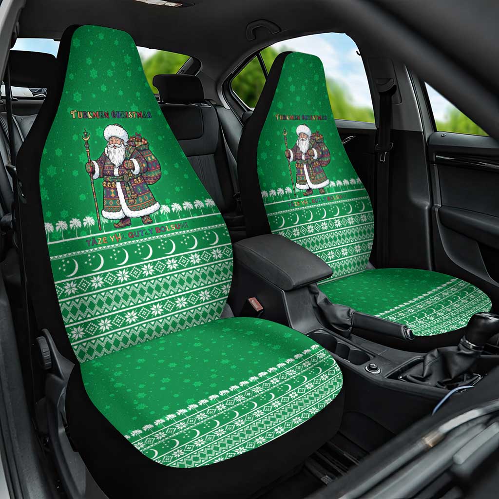 Turkmenistan Christmas Car Seat Cover with Traditional Santa Snowflake Crescent Moon and National Emblem - Wonder Print Shop