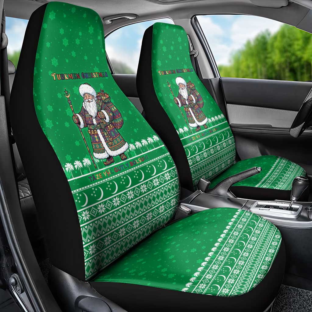 Turkmenistan Christmas Car Seat Cover with Traditional Santa Snowflake Crescent Moon and National Emblem - Wonder Print Shop