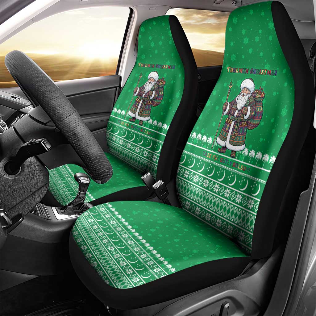 Turkmenistan Christmas Car Seat Cover with Traditional Santa Snowflake Crescent Moon and National Emblem - Wonder Print Shop