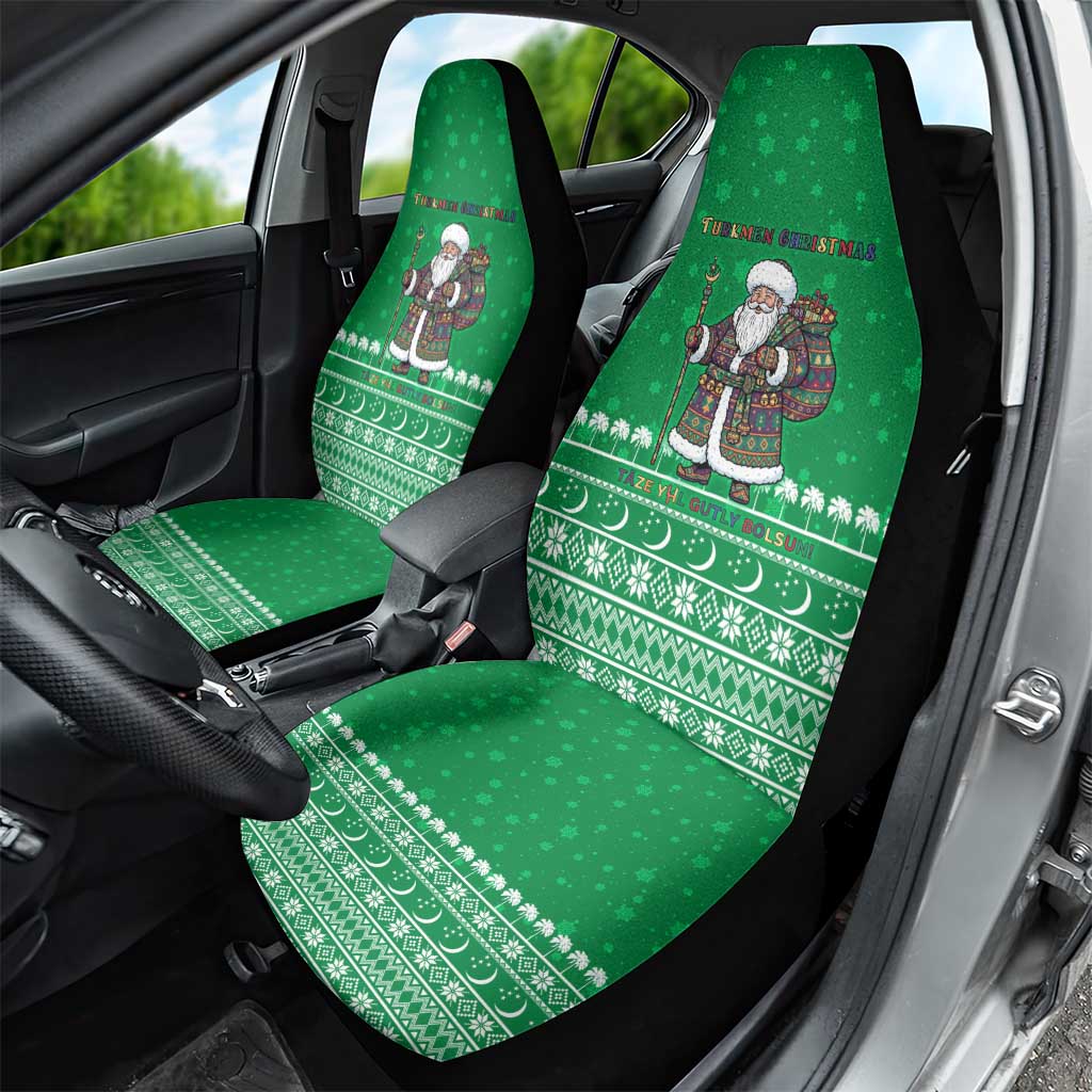 Turkmenistan Christmas Car Seat Cover with Traditional Santa Snowflake Crescent Moon and National Emblem - Wonder Print Shop