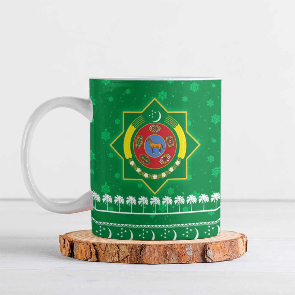 Turkmenistan Christmas Ceramic Mug with Traditional Santa Snowflake Crescent Moon and National Emblem - Wonder Print Shop