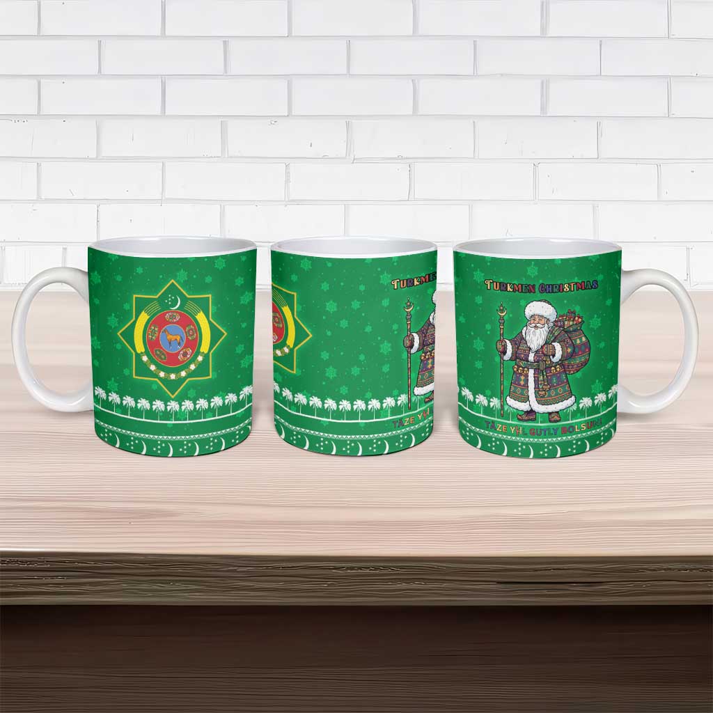 Turkmenistan Christmas Ceramic Mug with Traditional Santa Snowflake Crescent Moon and National Emblem - Wonder Print Shop