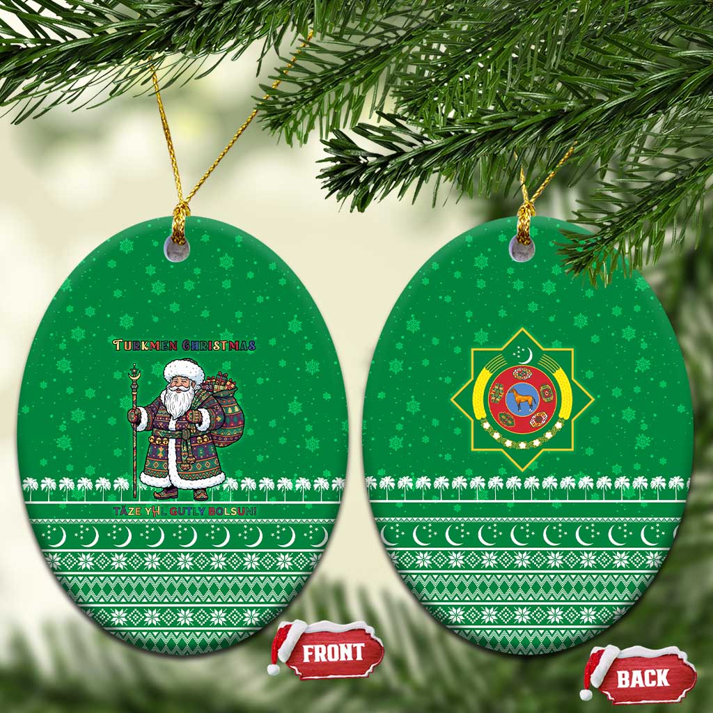 Turkmenistan Christmas Ceramic Ornament with Traditional Santa Snowflake Crescent Moon and National Emblem - Wonder Print Shop