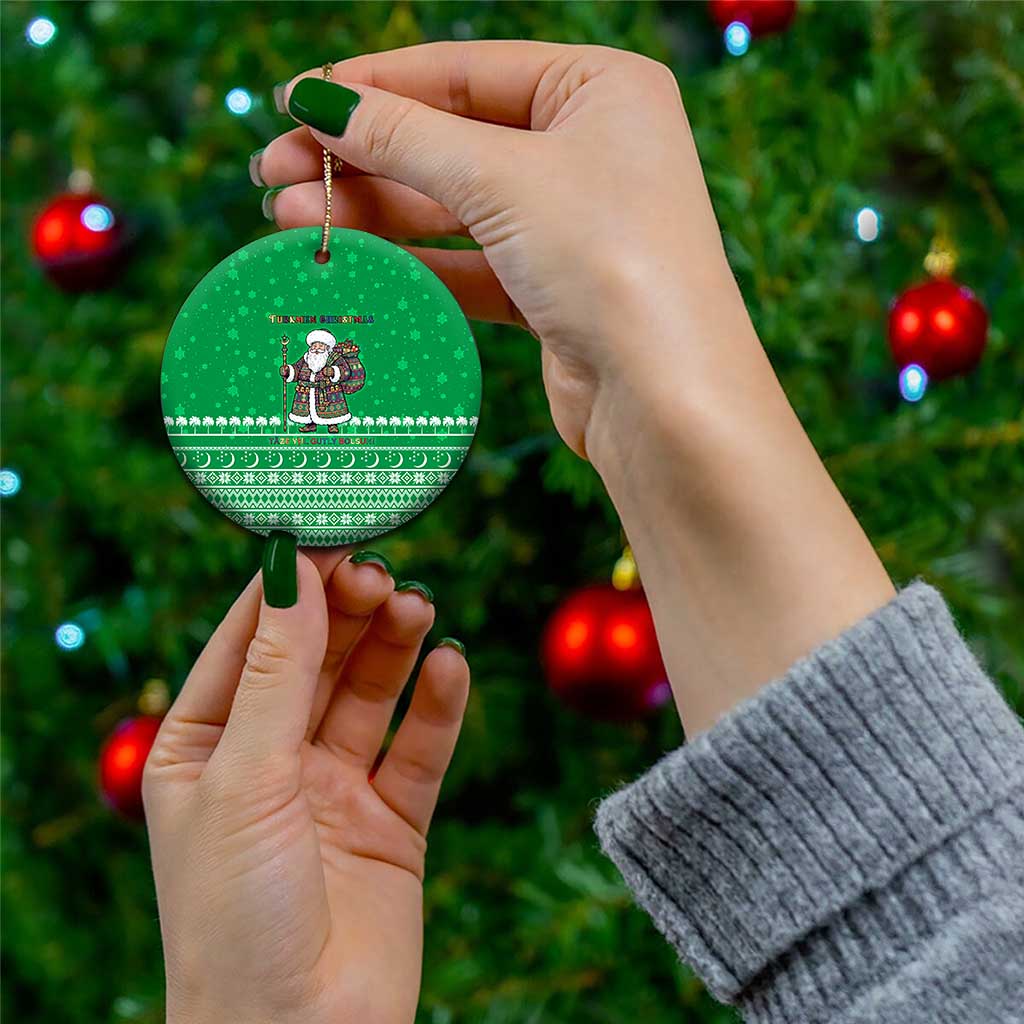 Turkmenistan Christmas Ceramic Ornament with Traditional Santa Snowflake Crescent Moon and National Emblem - Wonder Print Shop
