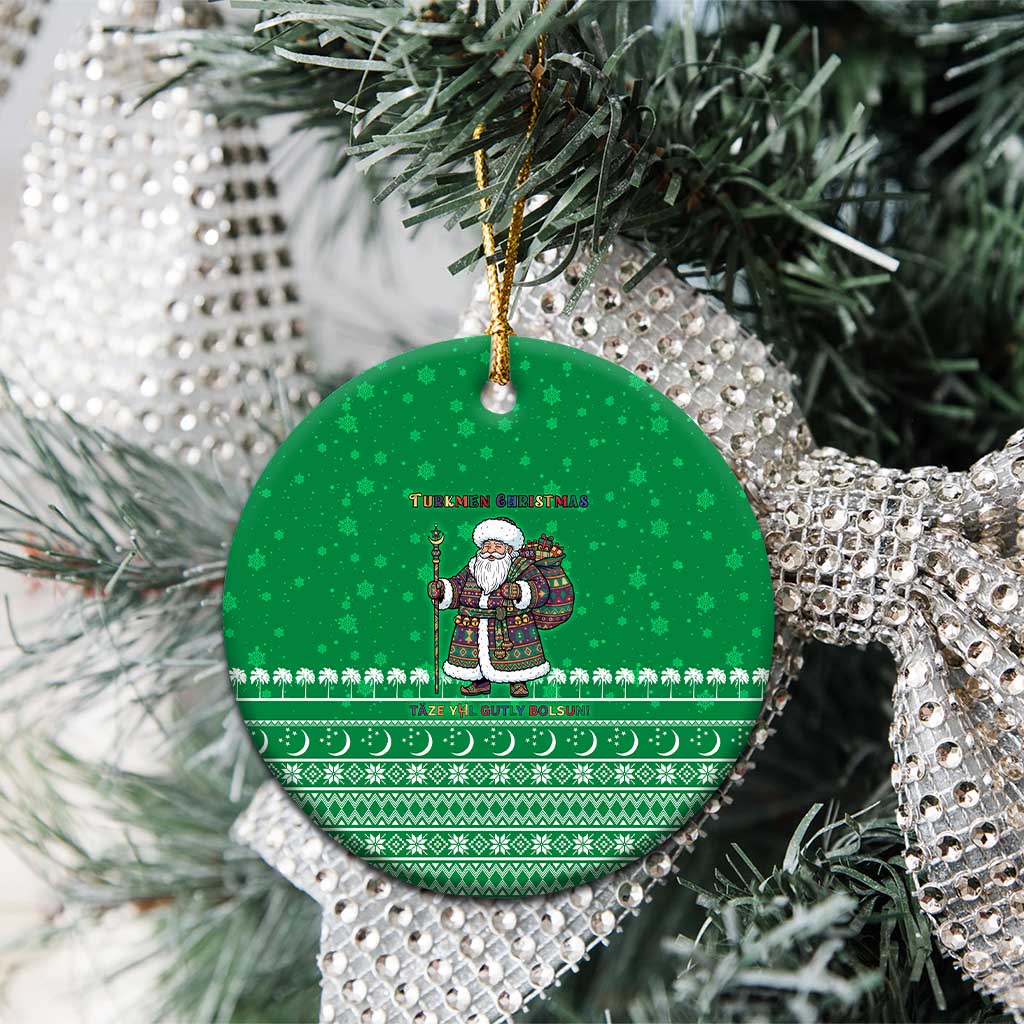 Turkmenistan Christmas Ceramic Ornament with Traditional Santa Snowflake Crescent Moon and National Emblem - Wonder Print Shop