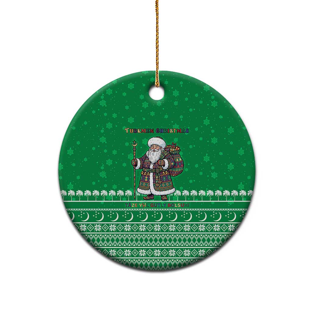Turkmenistan Christmas Ceramic Ornament with Traditional Santa Snowflake Crescent Moon and National Emblem - Wonder Print Shop