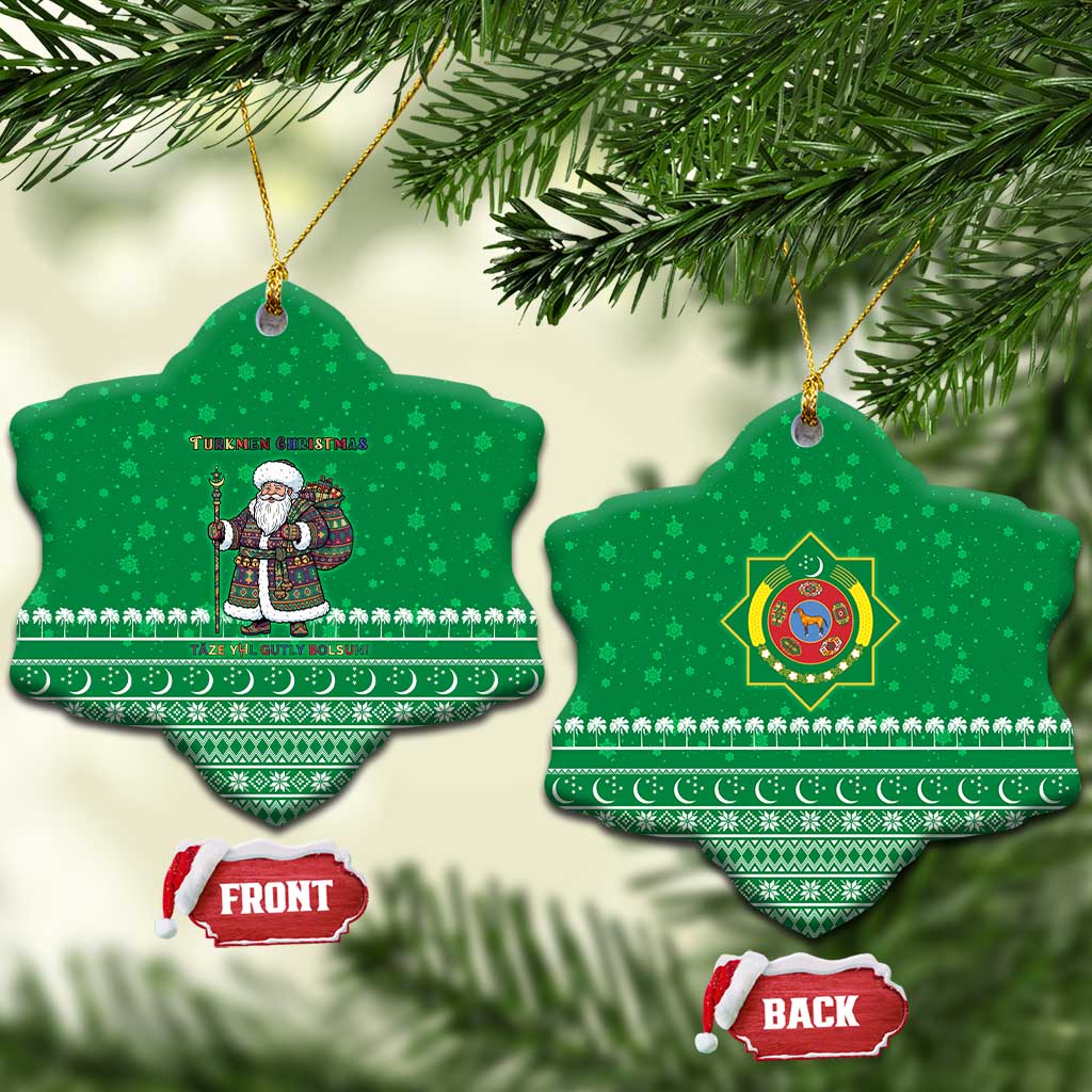 Turkmenistan Christmas Ceramic Ornament with Traditional Santa Snowflake Crescent Moon and National Emblem - Wonder Print Shop