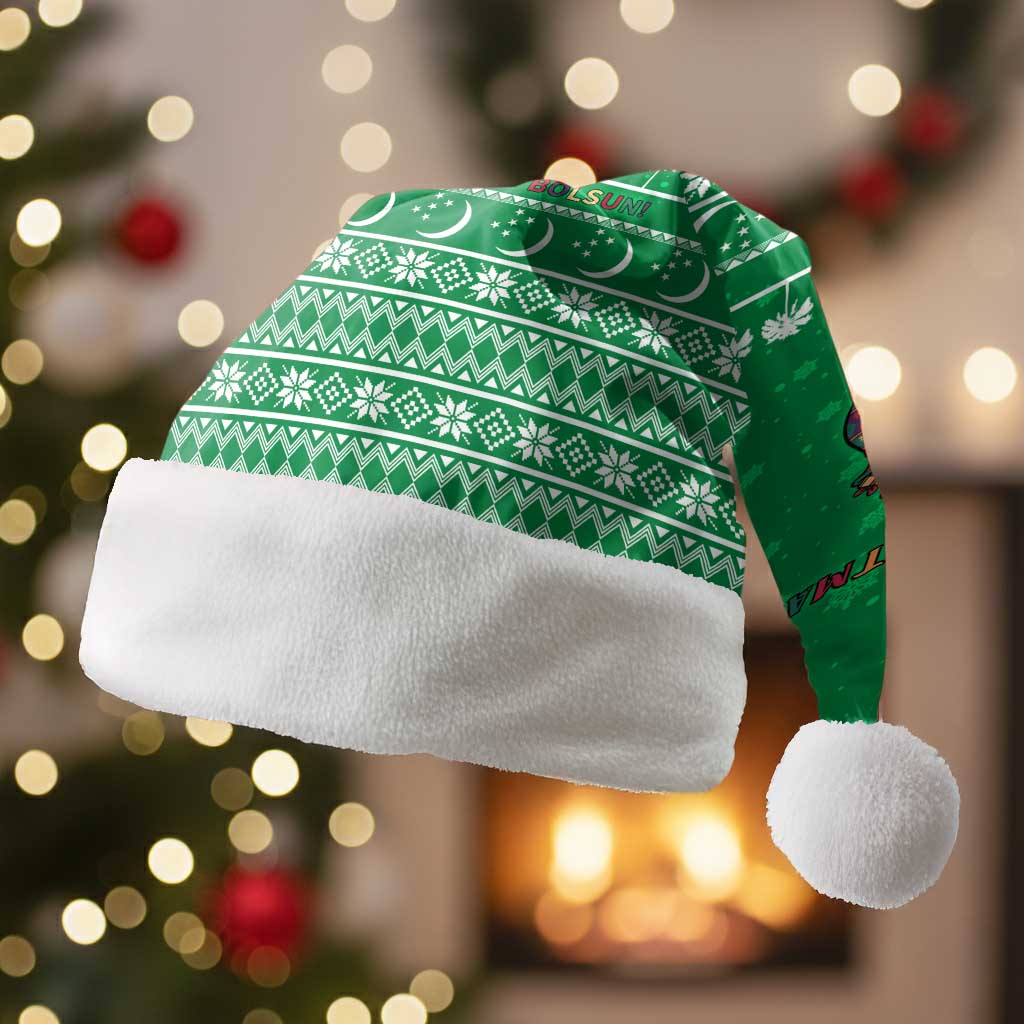Turkmenistan Christmas Santa Hat with Traditional Santa Snowflake Crescent Moon and National Emblem - Wonder Print Shop