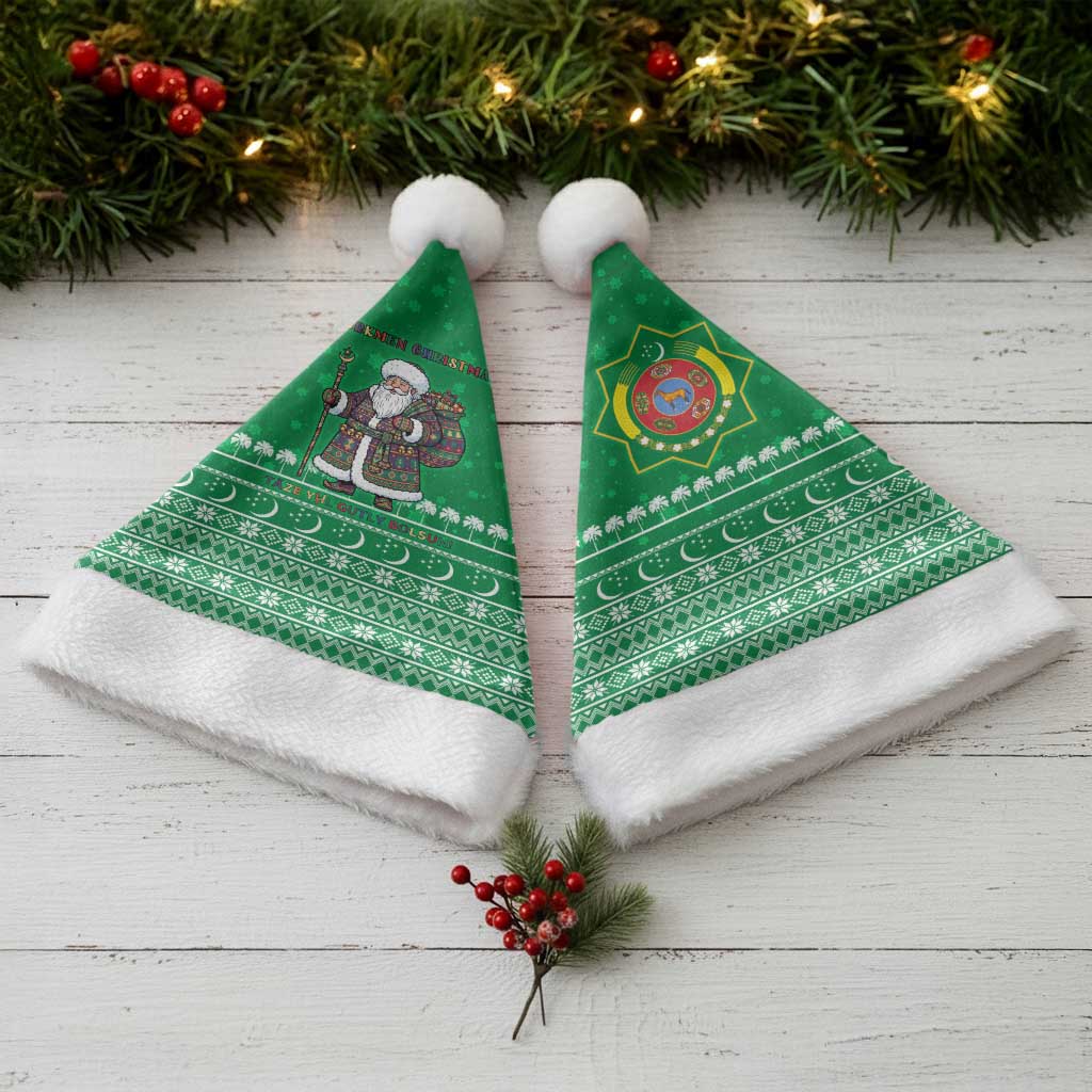 Turkmenistan Christmas Santa Hat with Traditional Santa Snowflake Crescent Moon and National Emblem - Wonder Print Shop