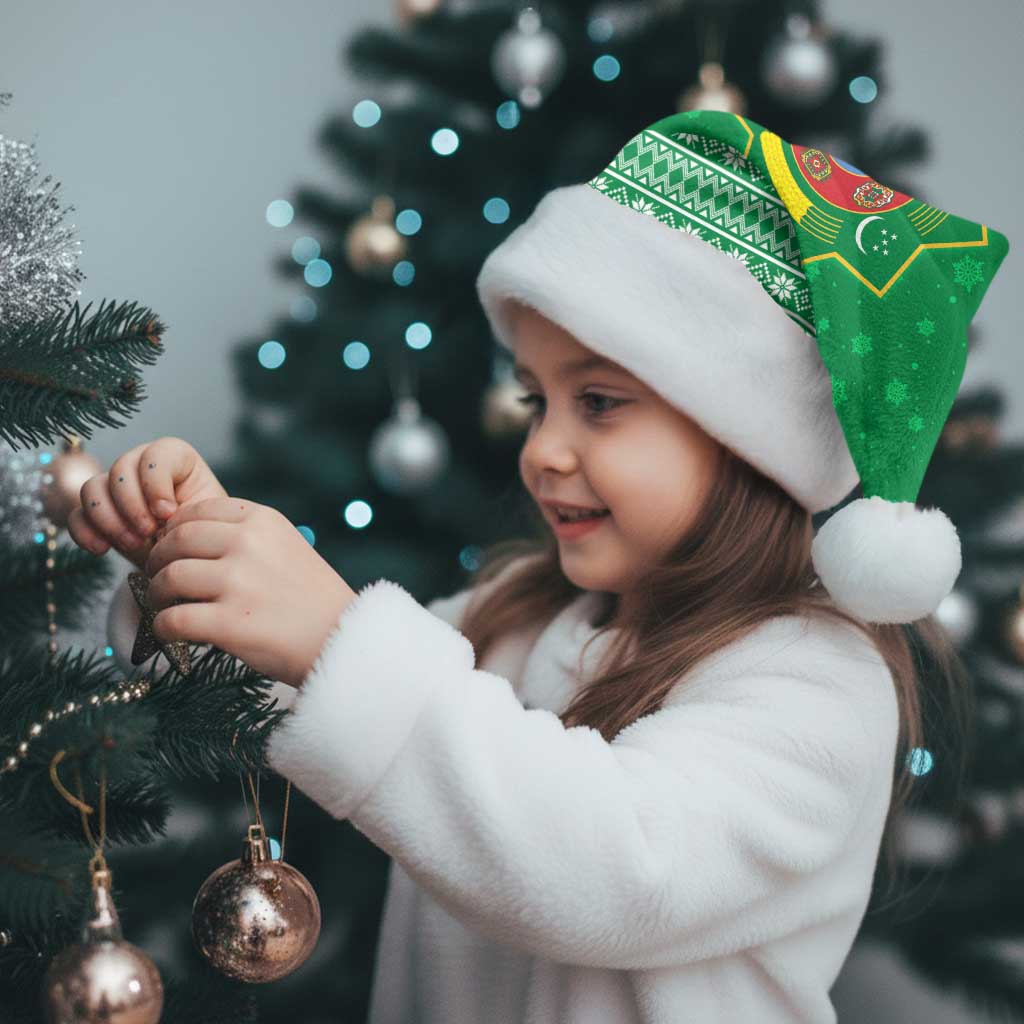 Turkmenistan Christmas Santa Hat with Traditional Santa Snowflake Crescent Moon and National Emblem - Wonder Print Shop