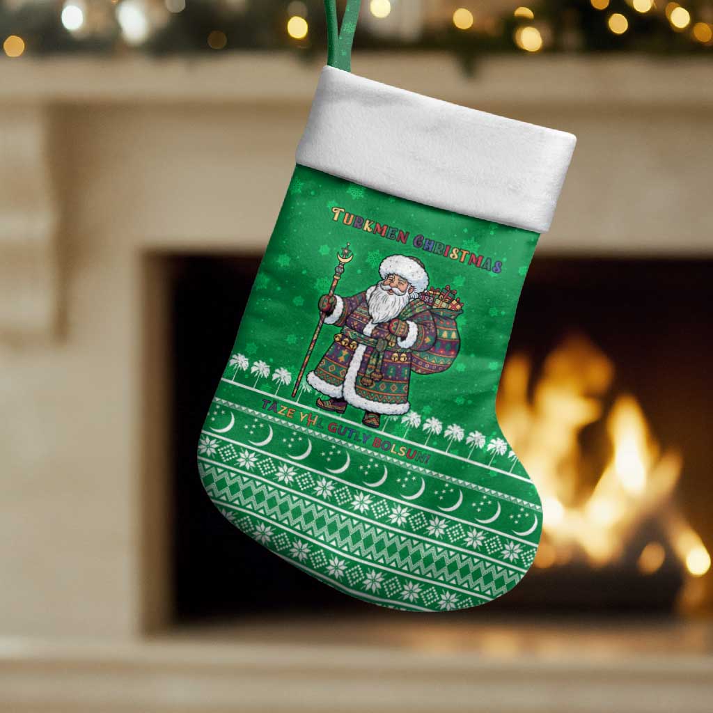 Turkmenistan Christmas Stocking with Traditional Santa Snowflake Crescent Moon and National Emblem - Wonder Print Shop