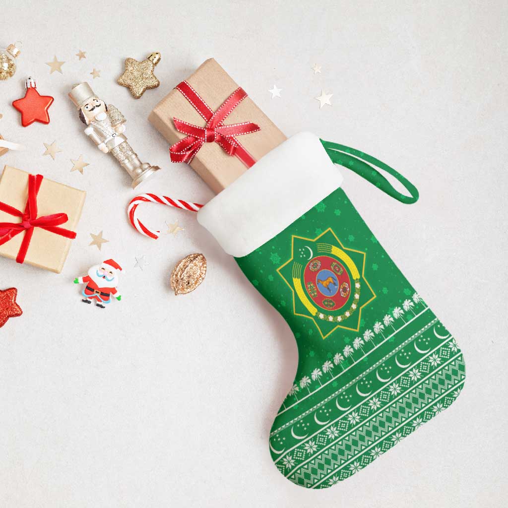 Turkmenistan Christmas Stocking with Traditional Santa Snowflake Crescent Moon and National Emblem - Wonder Print Shop