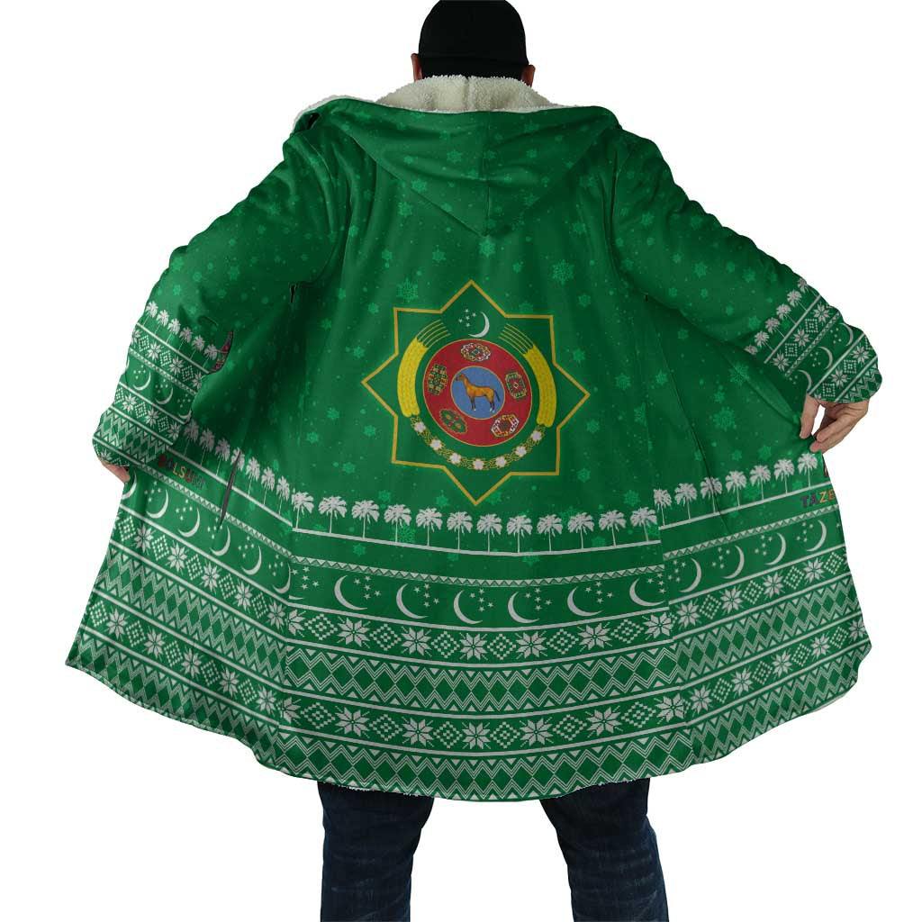 Turkmenistan Christmas Cloak with Traditional Santa Snowflake Crescent Moon and National Emblem - Wonder Print Shop