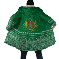 Turkmenistan Christmas Cloak with Traditional Santa Snowflake Crescent Moon and National Emblem - Wonder Print Shop