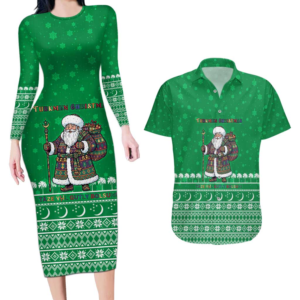Turkmenistan Christmas Couples Matching Long Sleeve Bodycon Dress and Hawaiian Shirt with Traditional Santa Snowflake Crescent Moon and National Emblem - Wonder Print Shop