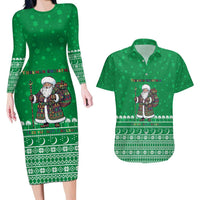 Turkmenistan Christmas Couples Matching Long Sleeve Bodycon Dress and Hawaiian Shirt with Traditional Santa Snowflake Crescent Moon and National Emblem - Wonder Print Shop