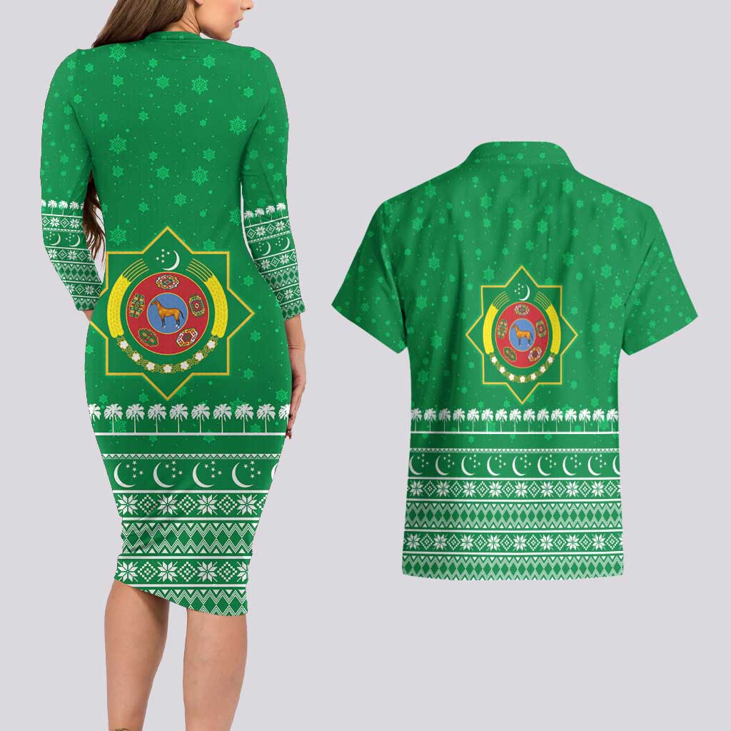 Turkmenistan Christmas Couples Matching Long Sleeve Bodycon Dress and Hawaiian Shirt with Traditional Santa Snowflake Crescent Moon and National Emblem - Wonder Print Shop