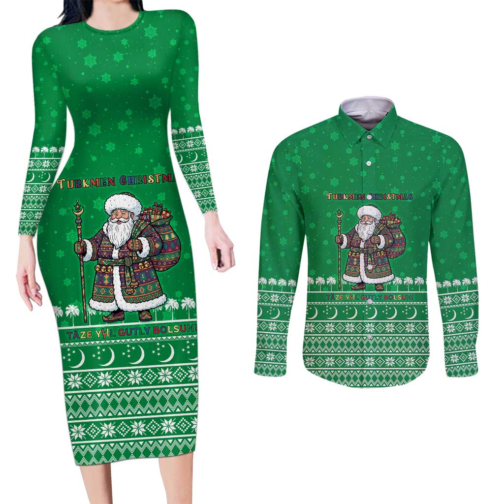 Turkmenistan Christmas Couples Matching Long Sleeve Bodycon Dress and Long Sleeve Button Shirt with Traditional Santa Snowflake Crescent Moon and National Emblem - Wonder Print Shop