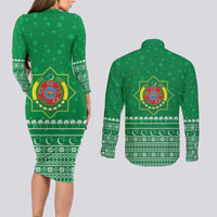 Turkmenistan Christmas Couples Matching Long Sleeve Bodycon Dress and Long Sleeve Button Shirt with Traditional Santa Snowflake Crescent Moon and National Emblem - Wonder Print Shop
