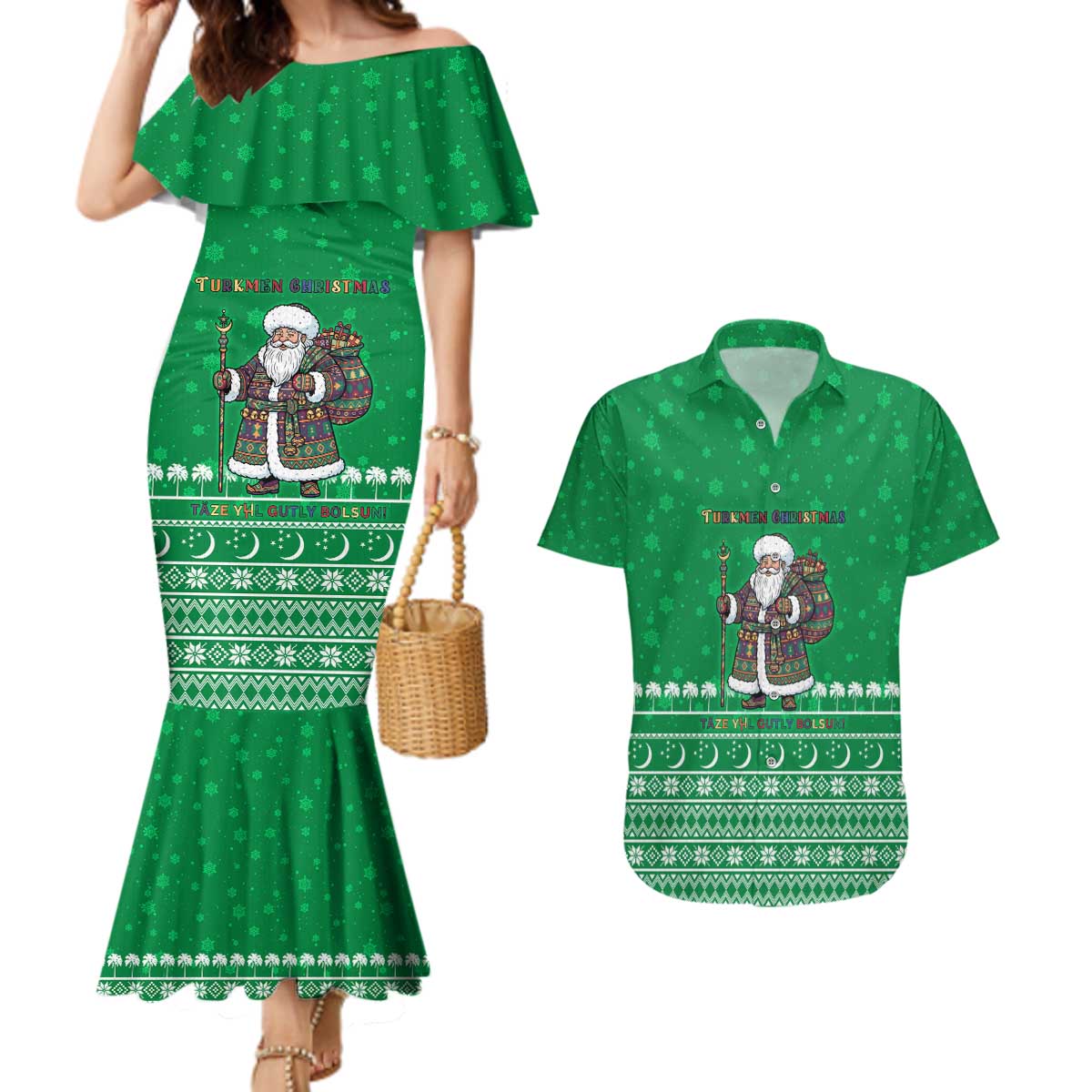 Turkmenistan Christmas Couples Matching Mermaid Dress and Hawaiian Shirt with Traditional Santa Snowflake Crescent Moon and National Emblem - Wonder Print Shop