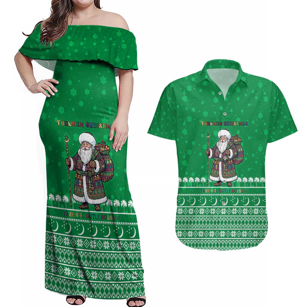 Turkmenistan Christmas Couples Matching Off Shoulder Maxi Dress and Hawaiian Shirt with Traditional Santa Snowflake Crescent Moon and National Emblem - Wonder Print Shop
