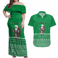 Turkmenistan Christmas Couples Matching Off Shoulder Maxi Dress and Hawaiian Shirt with Traditional Santa Snowflake Crescent Moon and National Emblem - Wonder Print Shop