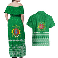 Turkmenistan Christmas Couples Matching Off Shoulder Maxi Dress and Hawaiian Shirt with Traditional Santa Snowflake Crescent Moon and National Emblem - Wonder Print Shop