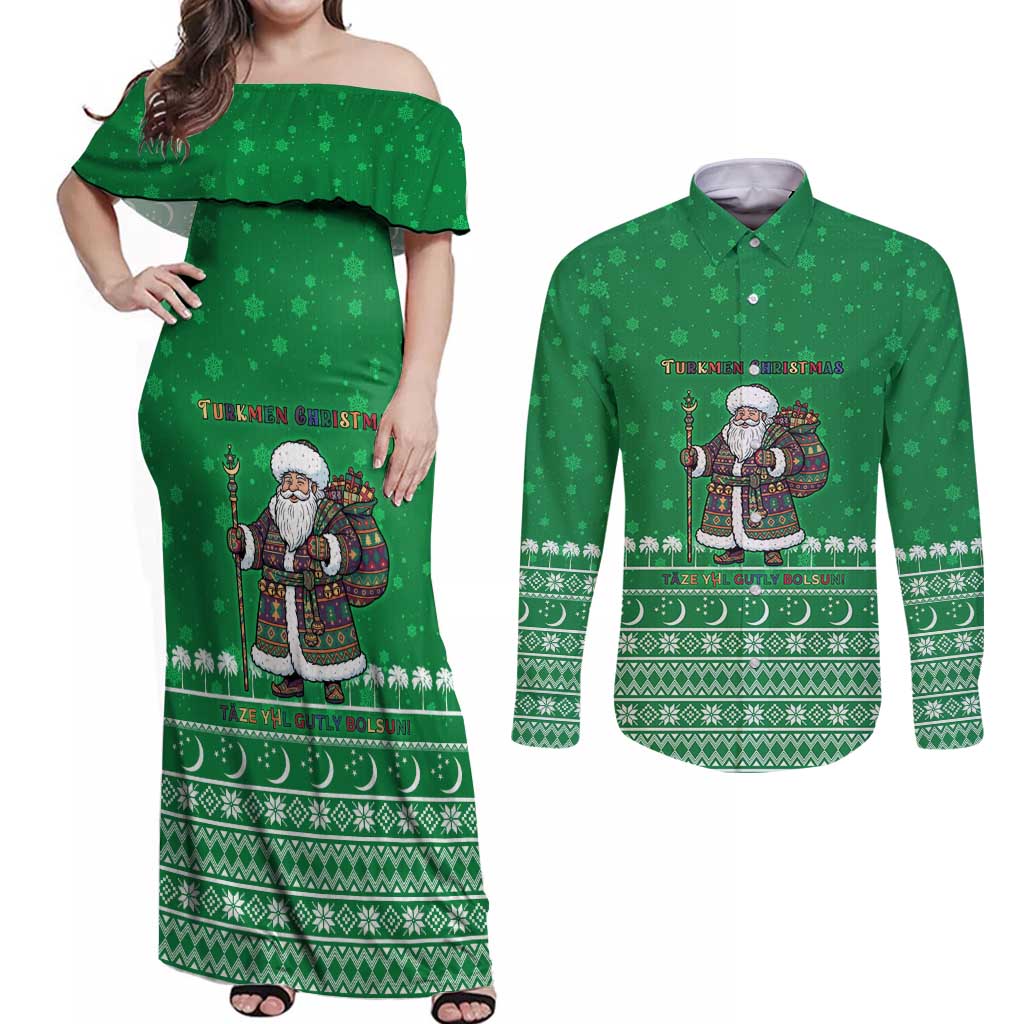 Turkmenistan Christmas Couples Matching Off Shoulder Maxi Dress and Long Sleeve Button Shirt with Traditional Santa Snowflake Crescent Moon and National Emblem - Wonder Print Shop